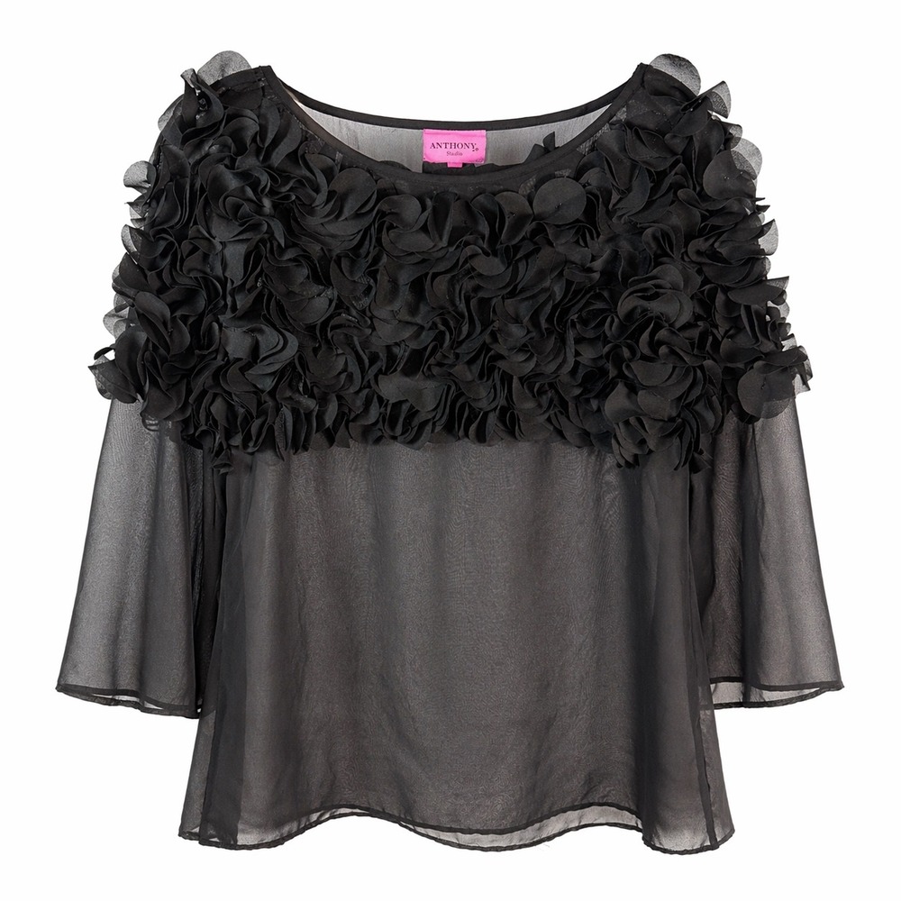Antthony Studio Blouse Women 6 Black Rosette Sheer Chiffon 3/4 Sleeve Party Top
